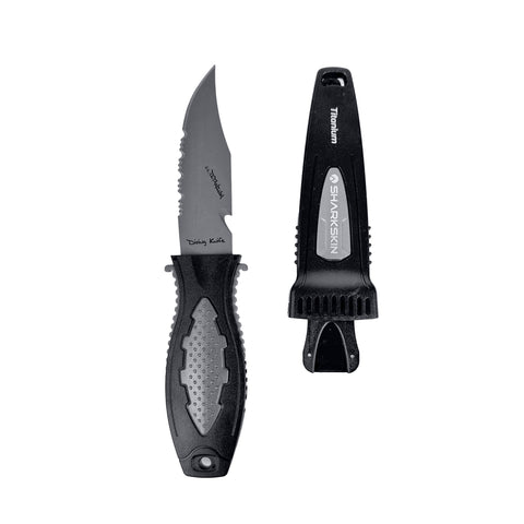 SHARKSKIN TITANIUM KNIFE SMALL WITH PRESS QUICK RELEASE LOCK SHEATH, BCD & HOSE MOUNT